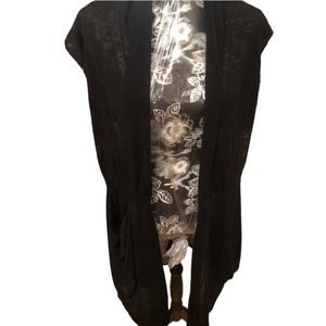 White & Warren  medium black linen blend sweater vest drawstring tie at waist